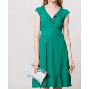 Maeve/Anthropologie Emerald Green Ruffle Dress - 8